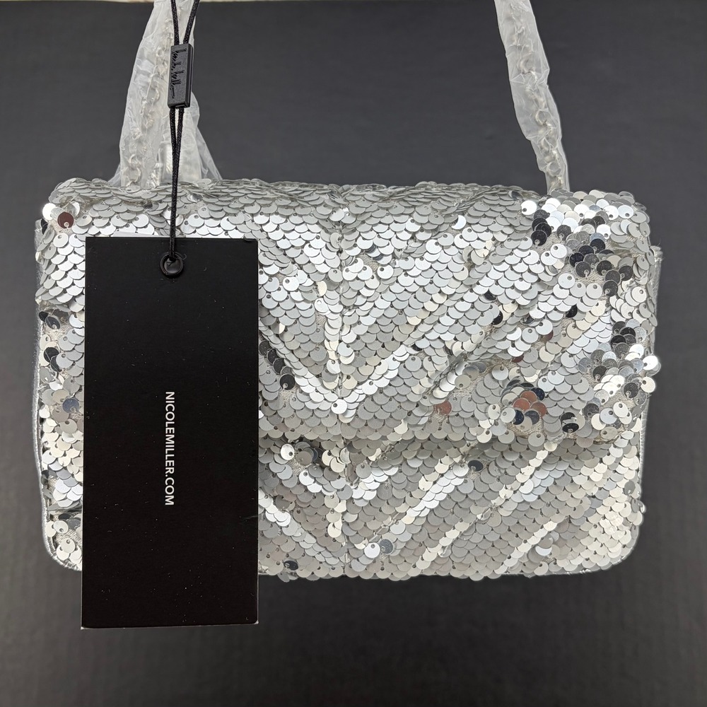 Nicole Miller Sequin Crossbody Clutch Evening Bag Silver Chevron Metallic Small